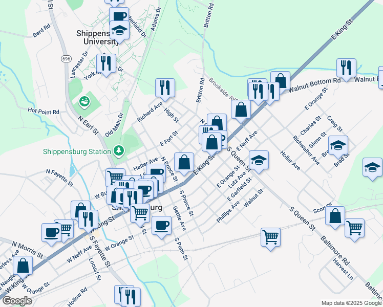 map of restaurants, bars, coffee shops, grocery stores, and more near 17 North Washington Street in Shippensburg