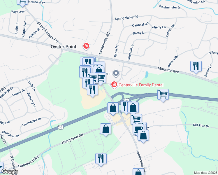 map of restaurants, bars, coffee shops, grocery stores, and more near 801 Estelle Drive in Lancaster