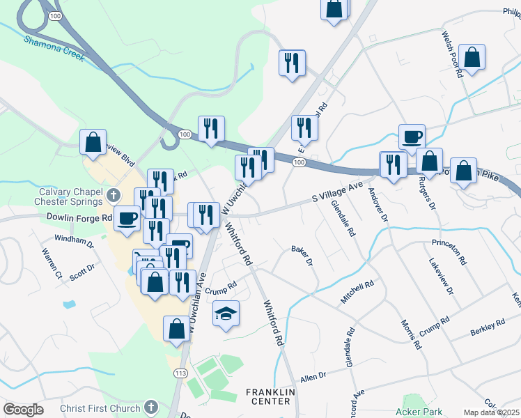 map of restaurants, bars, coffee shops, grocery stores, and more near 23 South Village Avenue in Exton