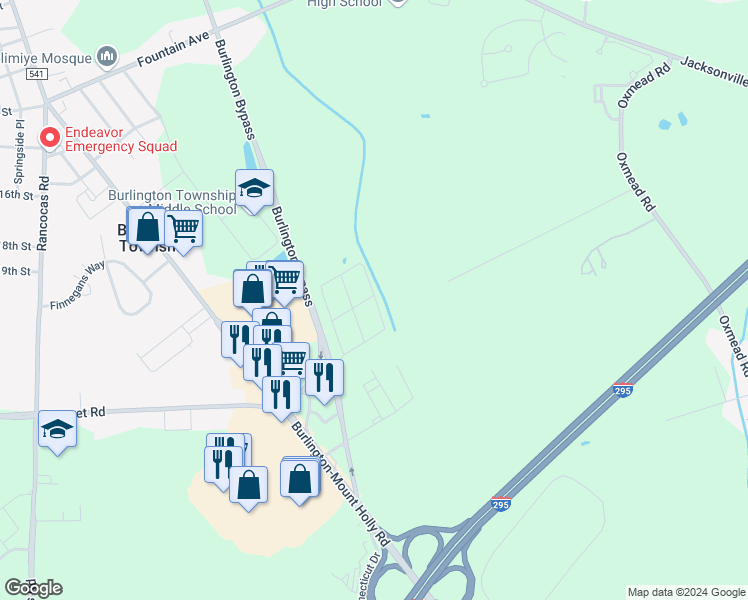 map of restaurants, bars, coffee shops, grocery stores, and more near 1997 Burlington Bypass in Burlington