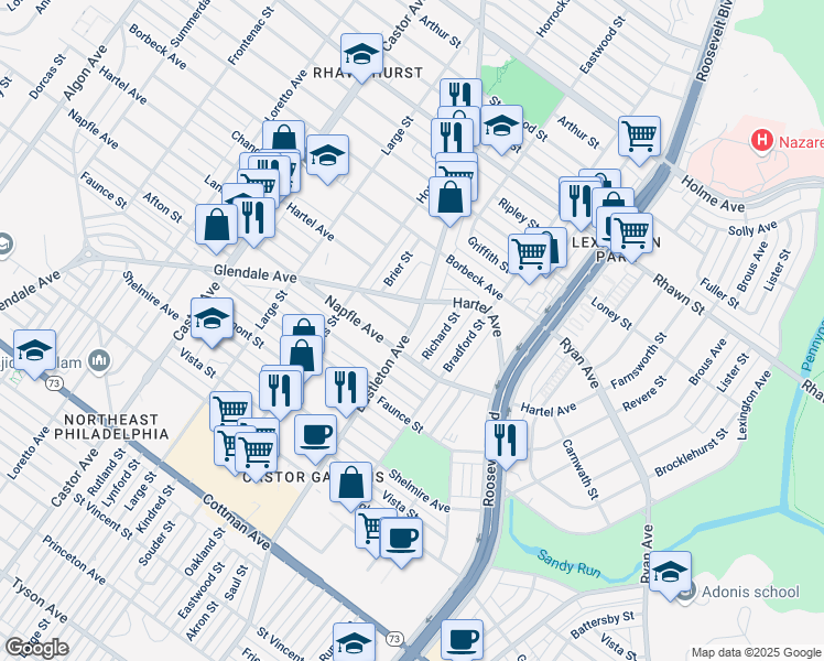 map of restaurants, bars, coffee shops, grocery stores, and more near 2300 Hartel Avenue in Philadelphia
