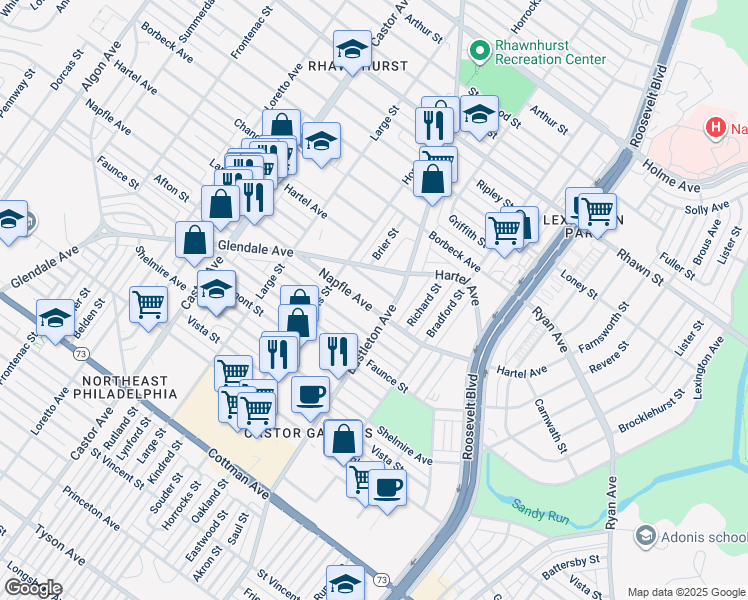 map of restaurants, bars, coffee shops, grocery stores, and more near 2229 Napfle Street in Philadelphia
