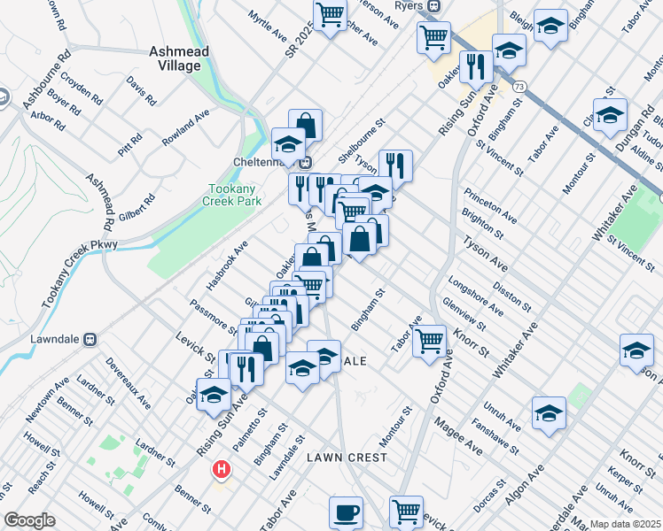 map of restaurants, bars, coffee shops, grocery stores, and more near 6732 Rising Sun Avenue in Philadelphia