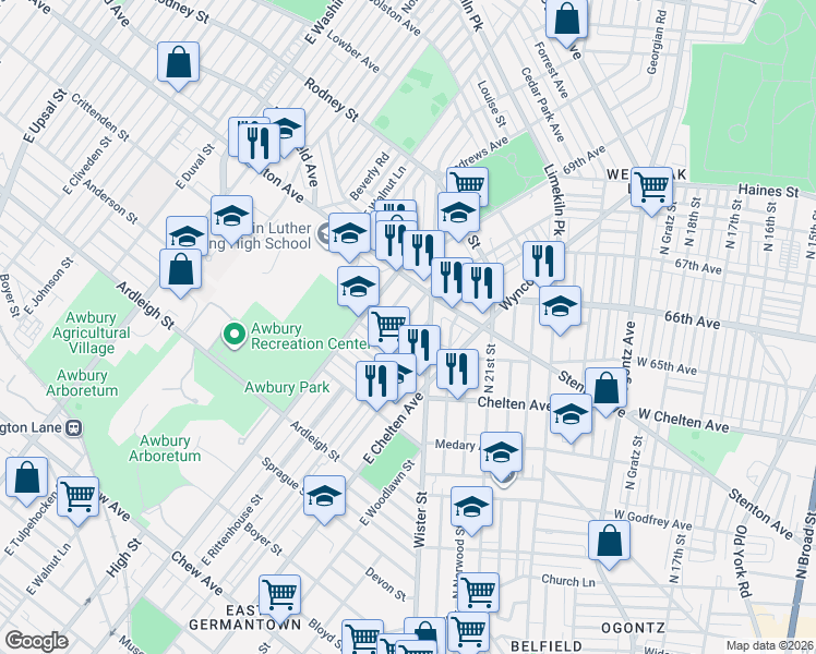 map of restaurants, bars, coffee shops, grocery stores, and more near 1338 Narragansett Street in Philadelphia