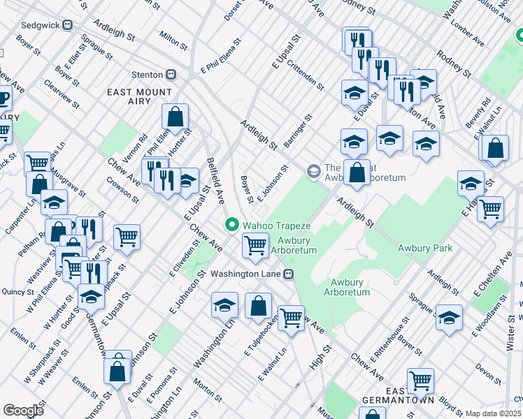 map of restaurants, bars, coffee shops, grocery stores, and more near 6406 East Cliveden Street in Philadelphia