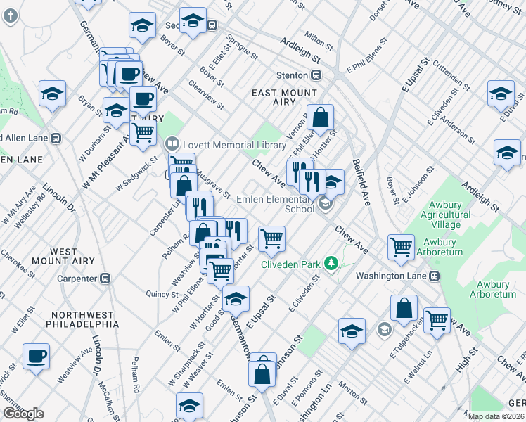map of restaurants, bars, coffee shops, grocery stores, and more near 246 East Springer Street in Philadelphia