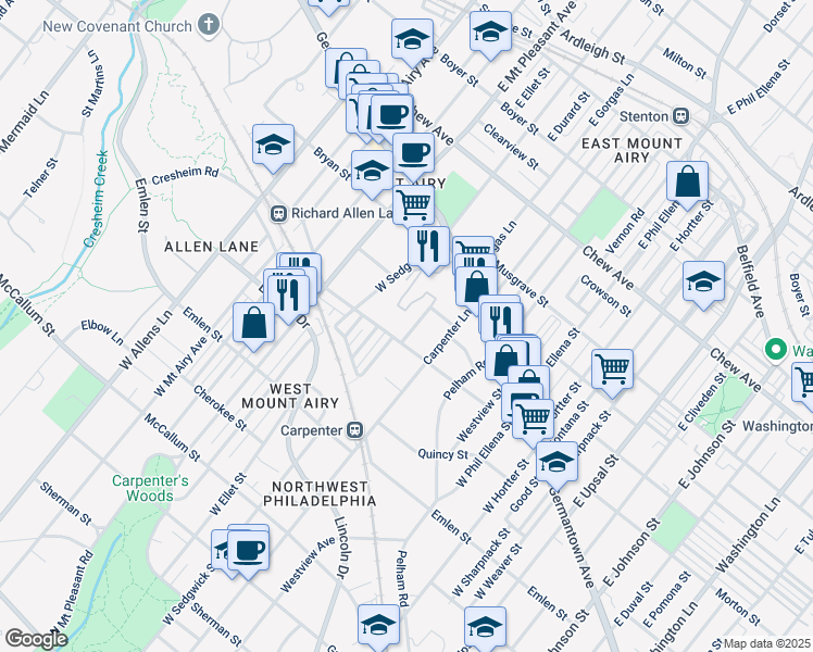 map of restaurants, bars, coffee shops, grocery stores, and more near 107 West Gorgas Lane in Philadelphia