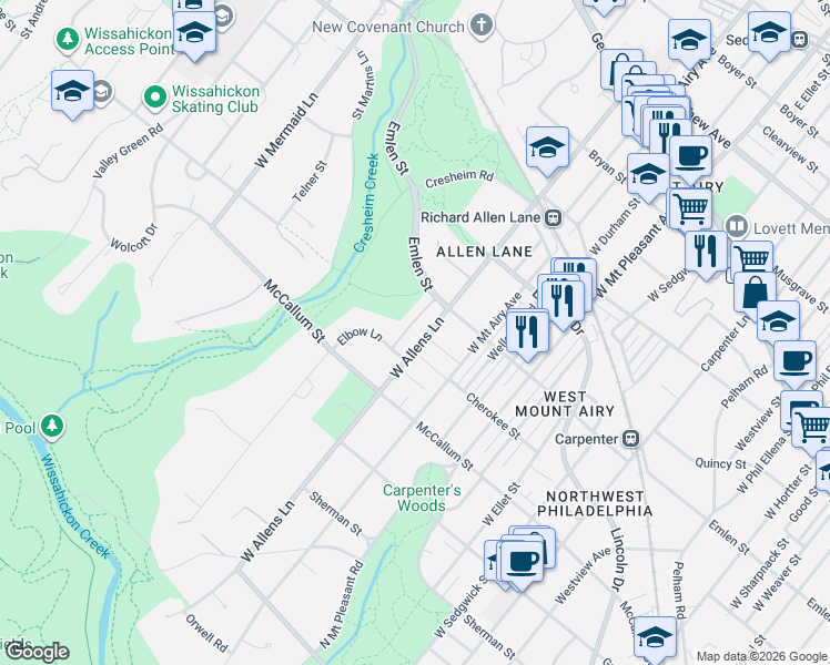 map of restaurants, bars, coffee shops, grocery stores, and more near 415 West Allens Lane in Philadelphia