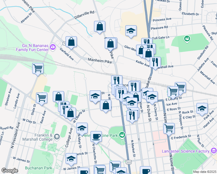 map of restaurants, bars, coffee shops, grocery stores, and more near 195 Stevens Street in Lancaster