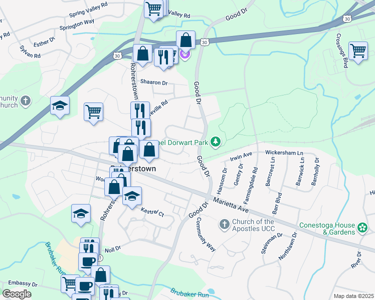 map of restaurants, bars, coffee shops, grocery stores, and more near 163 Norlawn Circle in Lancaster