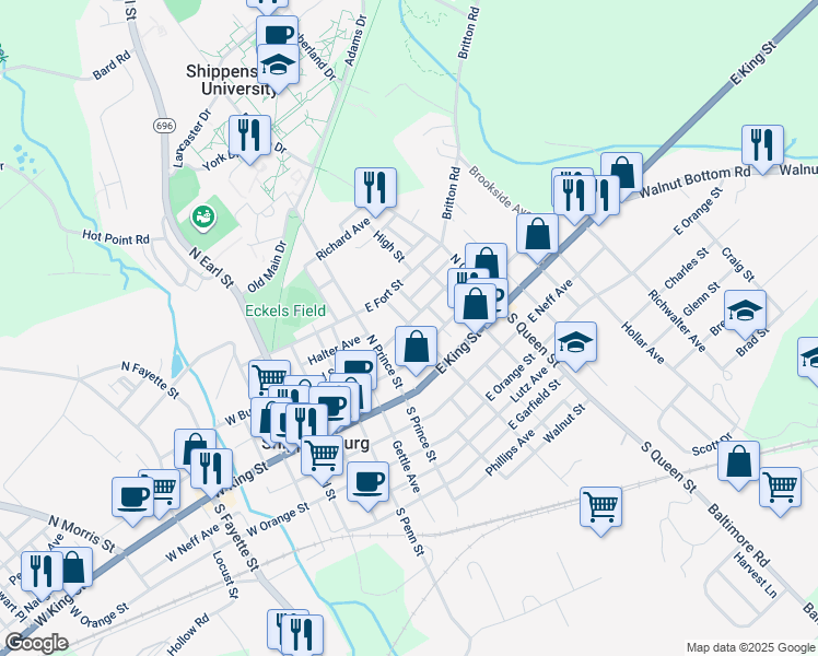 map of restaurants, bars, coffee shops, grocery stores, and more near 109 North Washington Street in Shippensburg