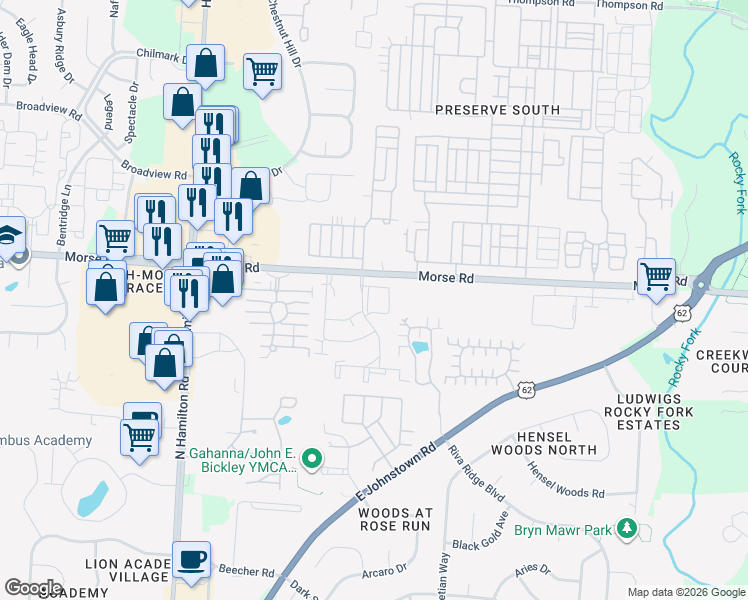 map of restaurants, bars, coffee shops, grocery stores, and more near 1400 Hollybrier 312 Drive in Gahanna