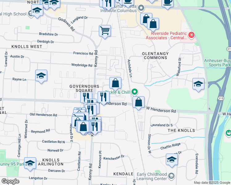 map of restaurants, bars, coffee shops, grocery stores, and more near 4655 Merrimar Circle East in Columbus