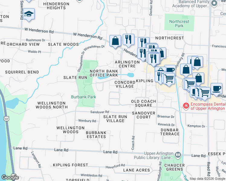 map of restaurants, bars, coffee shops, grocery stores, and more near 2255 Atlee Court in Upper Arlington