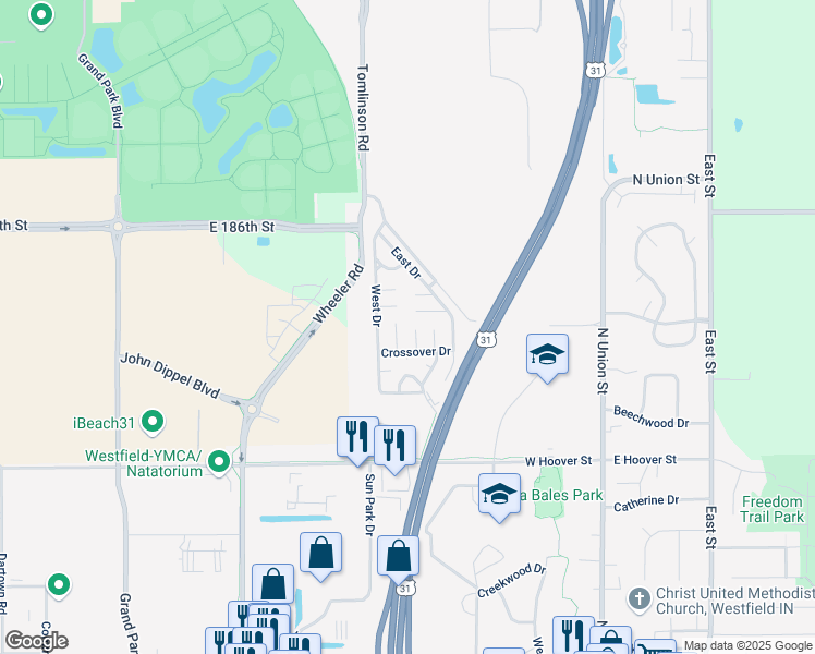 map of restaurants, bars, coffee shops, grocery stores, and more near in Westfield