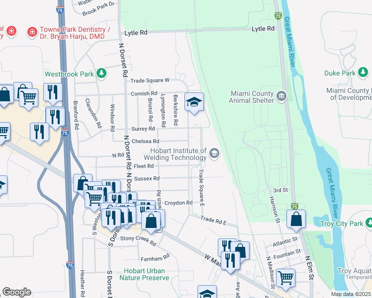map of restaurants, bars, coffee shops, grocery stores, and more near 528 Trade Square West in Troy