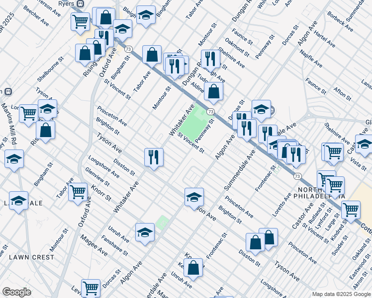 map of restaurants, bars, coffee shops, grocery stores, and more near 935 Friendship Street in Philadelphia