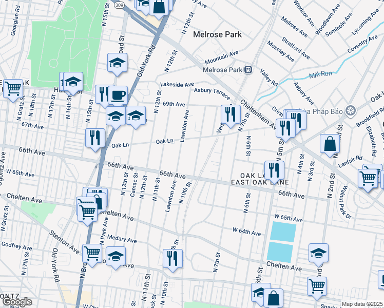 map of restaurants, bars, coffee shops, grocery stores, and more near 6636 North 10th Street in Philadelphia