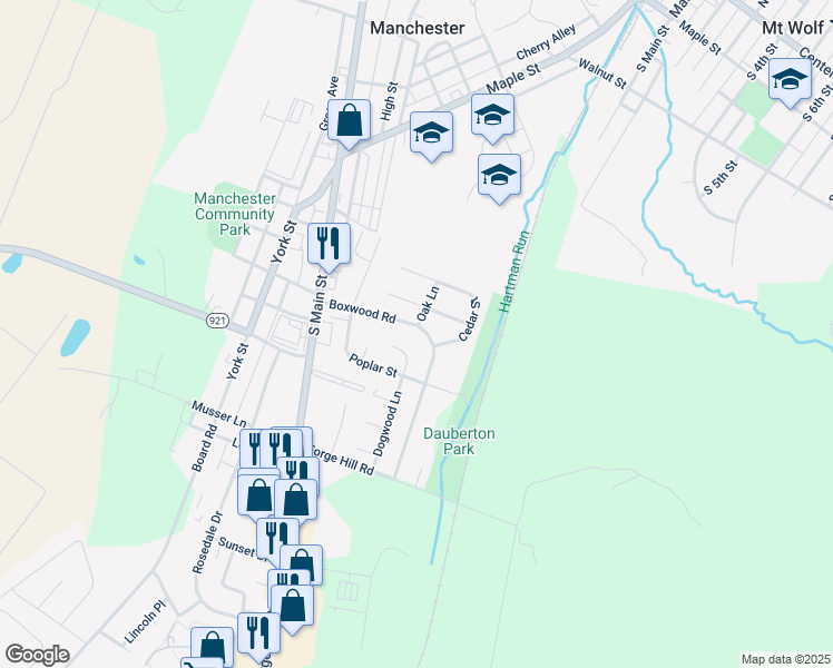 map of restaurants, bars, coffee shops, grocery stores, and more near 160 Boxwood Road in Manchester