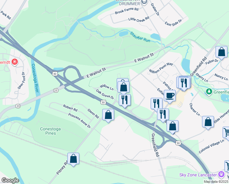 map of restaurants, bars, coffee shops, grocery stores, and more near 502 Willow Lane in Lancaster
