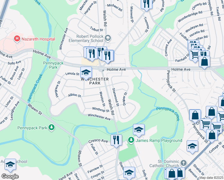 map of restaurants, bars, coffee shops, grocery stores, and more near 3108 Stanwood Street in Philadelphia