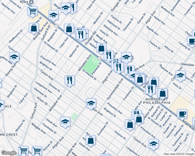 map of restaurants, bars, coffee shops, grocery stores, and more near 1019 Saint Vincent Street in Philadelphia