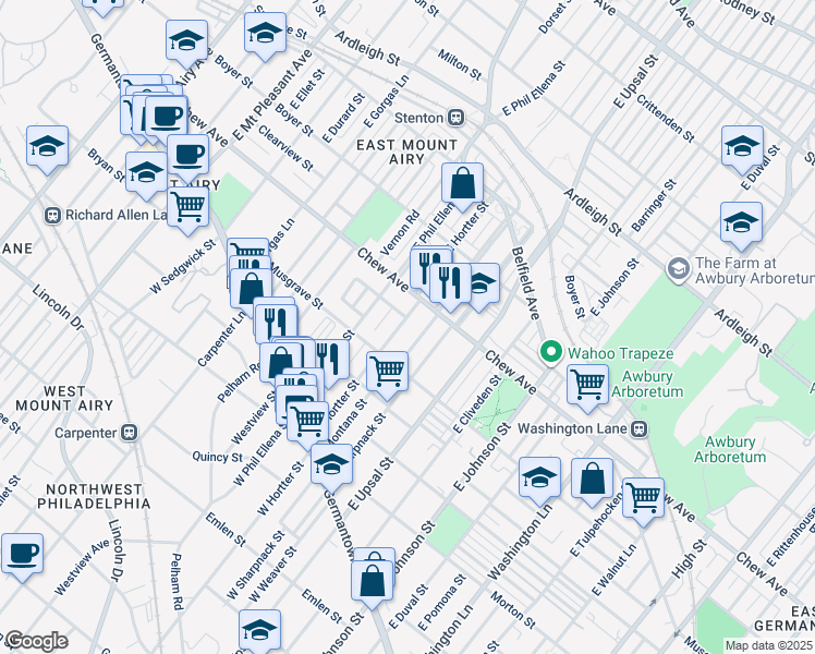 map of restaurants, bars, coffee shops, grocery stores, and more near 242 East Hortter Street in Philadelphia