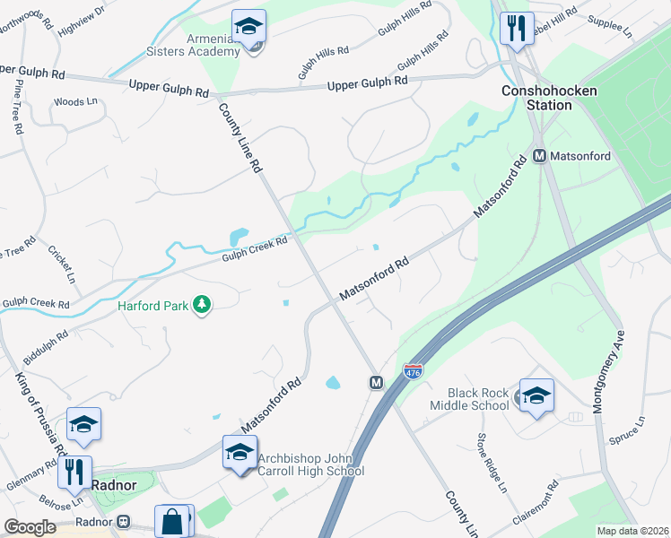 map of restaurants, bars, coffee shops, grocery stores, and more near 437 Meadowcroft Road in Wayne