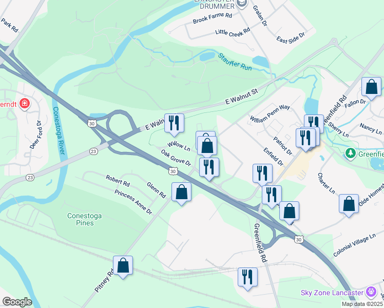 map of restaurants, bars, coffee shops, grocery stores, and more near 502 Willow Lane in Lancaster