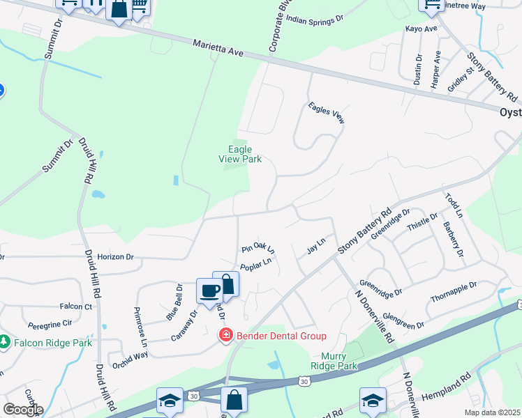 map of restaurants, bars, coffee shops, grocery stores, and more near 500 Bald Eagle Ct in Lancaster