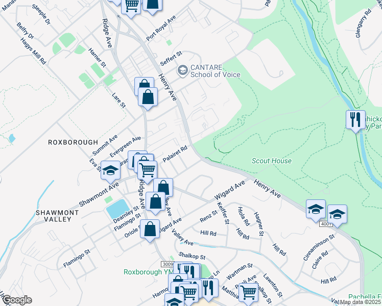 map of restaurants, bars, coffee shops, grocery stores, and more near 7708 Henry Avenue in Philadelphia