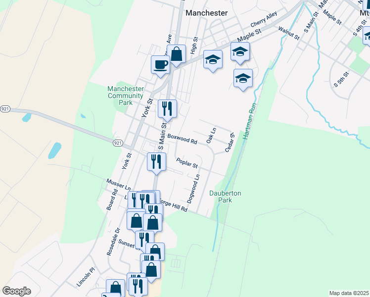 map of restaurants, bars, coffee shops, grocery stores, and more near 215 Poplar Street in Manchester