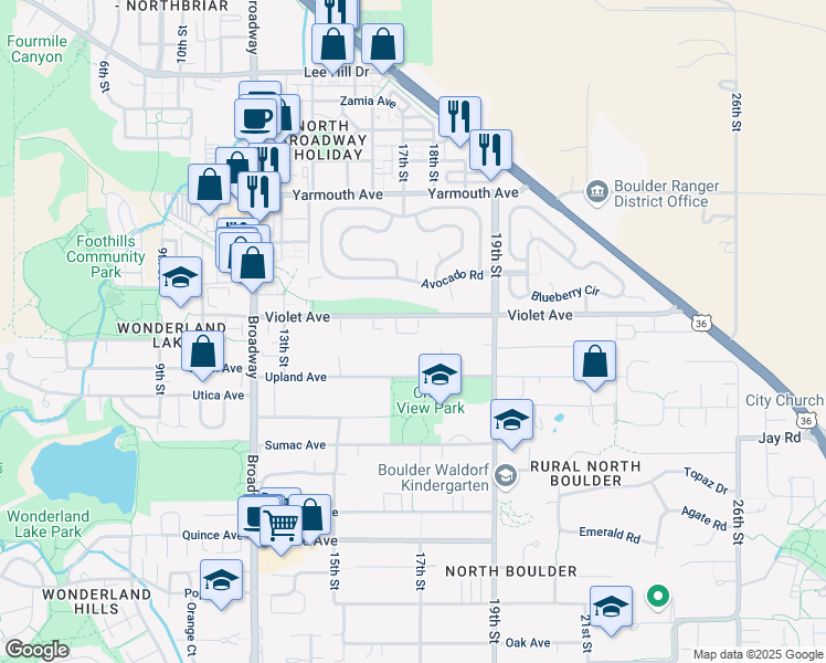 map of restaurants, bars, coffee shops, grocery stores, and more near 1678 Violet Avenue in Boulder