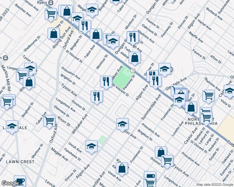 map of restaurants, bars, coffee shops, grocery stores, and more near 935 Friendship Street in Philadelphia
