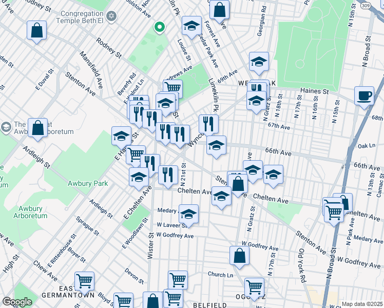 map of restaurants, bars, coffee shops, grocery stores, and more near 6534 North Lambert Street in Philadelphia