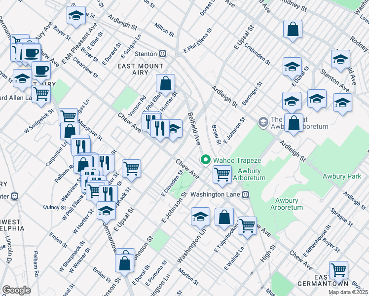 map of restaurants, bars, coffee shops, grocery stores, and more near 386 1/2 East Upsal Street in Philadelphia