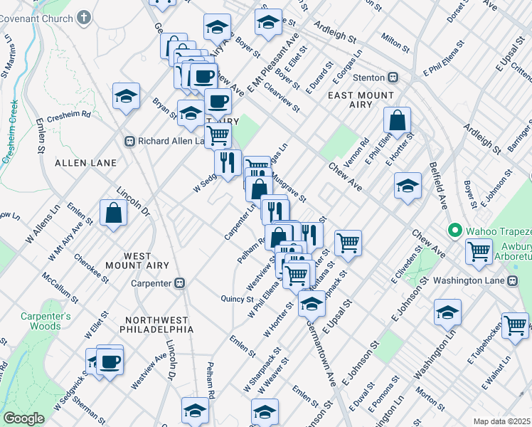 map of restaurants, bars, coffee shops, grocery stores, and more near 7 East Pleasant Street in Philadelphia