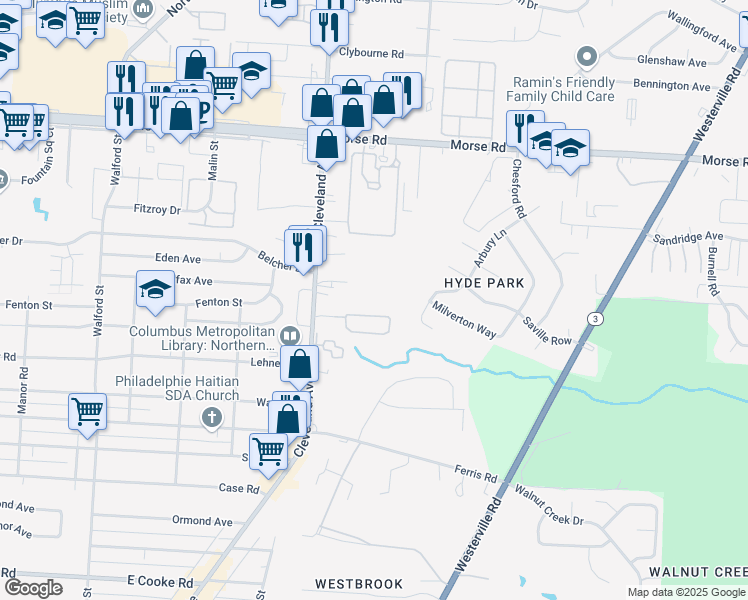 map of restaurants, bars, coffee shops, grocery stores, and more near 4182 Cleveland Avenue in Columbus