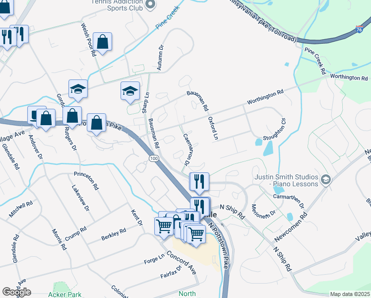 map of restaurants, bars, coffee shops, grocery stores, and more near 124 Caernarvon Court in Exton