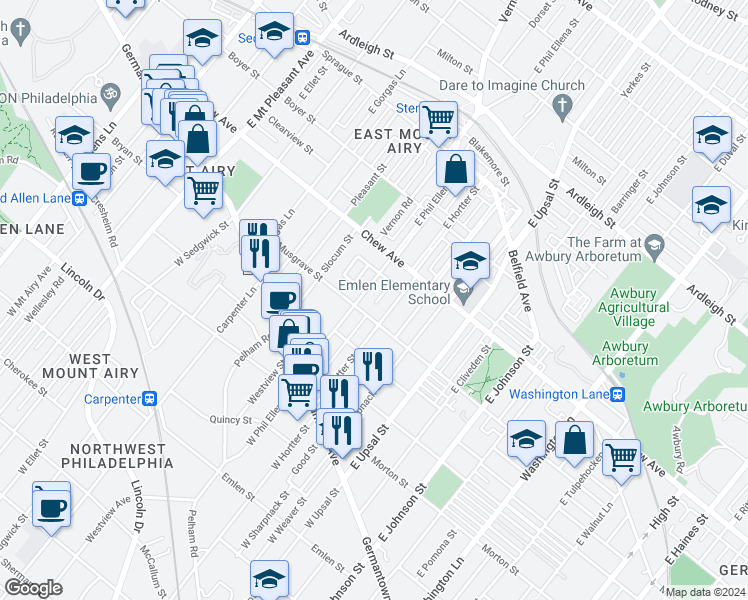 map of restaurants, bars, coffee shops, grocery stores, and more near 225 East Springer Street in Philadelphia