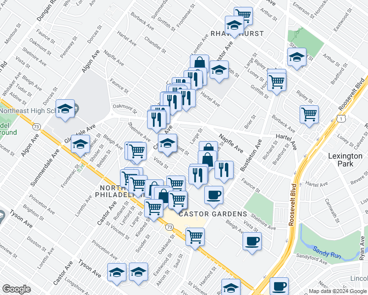 map of restaurants, bars, coffee shops, grocery stores, and more near 2039 Oakmont Street in Philadelphia