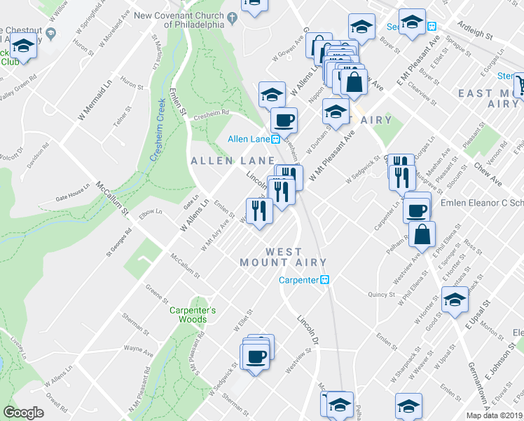 map of restaurants, bars, coffee shops, grocery stores, and more near 319 West Durham Street in Philadelphia