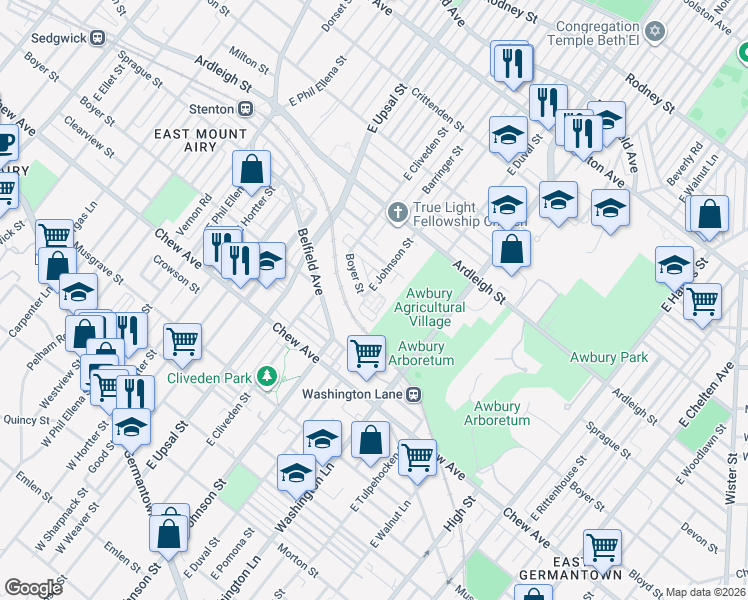 map of restaurants, bars, coffee shops, grocery stores, and more near 6406 East Cliveden Street in Philadelphia