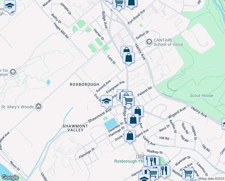map of restaurants, bars, coffee shops, grocery stores, and more near 465 Evergreen Avenue in Philadelphia