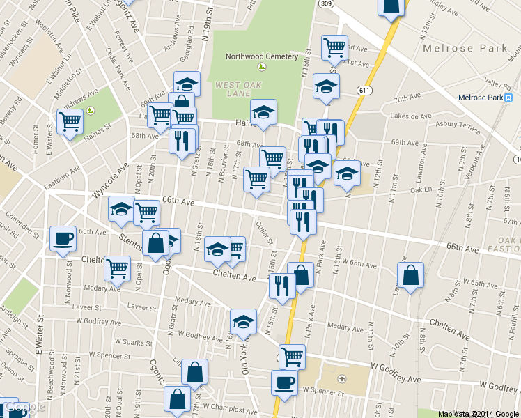 map of restaurants, bars, coffee shops, grocery stores, and more near 1543 66th Avenue in Philadelphia