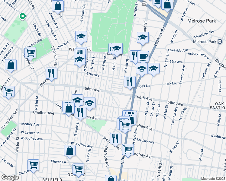 map of restaurants, bars, coffee shops, grocery stores, and more near 1543 66th Avenue in Philadelphia