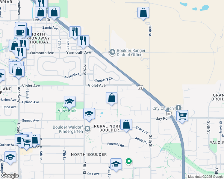 map of restaurants, bars, coffee shops, grocery stores, and more near 2180 Violet Avenue in Boulder