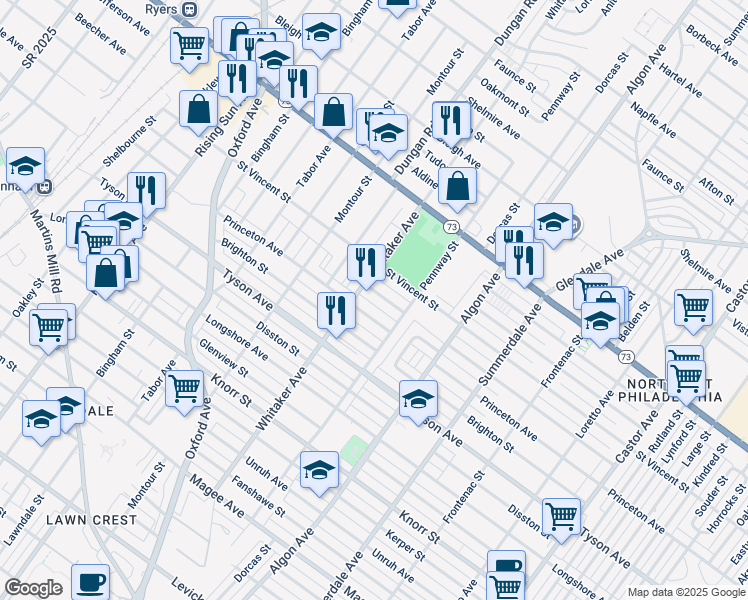 map of restaurants, bars, coffee shops, grocery stores, and more near 912 Friendship Street in Philadelphia