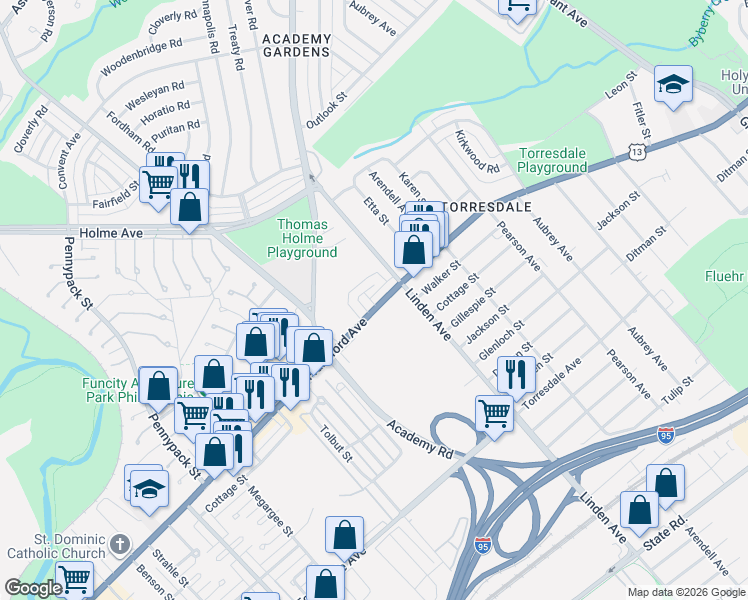 map of restaurants, bars, coffee shops, grocery stores, and more near 9176 Frankford Avenue in Philadelphia