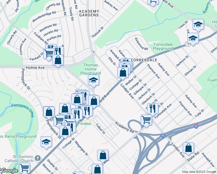 map of restaurants, bars, coffee shops, grocery stores, and more near 9176 Frankford Avenue in Philadelphia